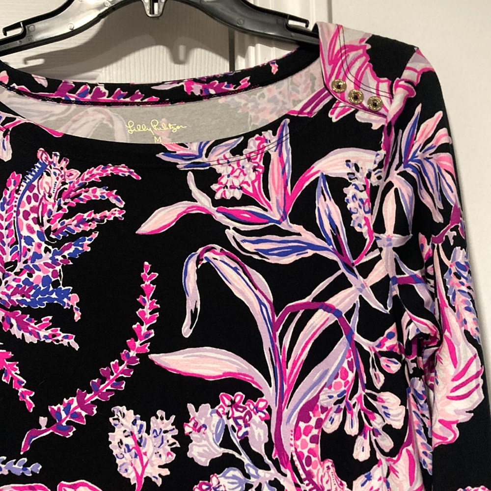 Lilly Pulitzer Black Floral Print Shift Dress with Pink & Lavender Accents